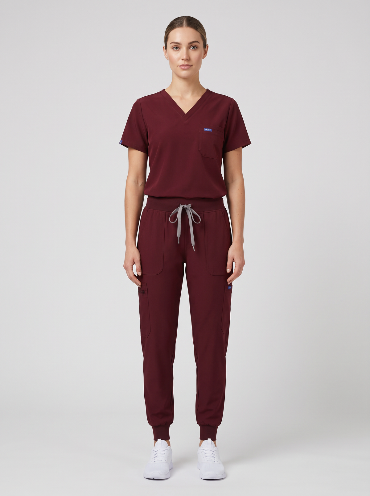 Fun Scrub ScrubTech Luxe women's burgundy V-neck scrub top and jogger scrub pants front view