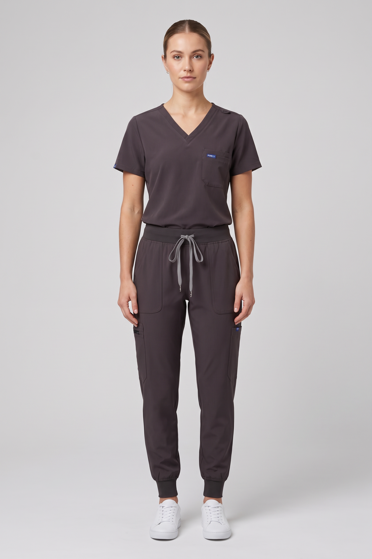 Fun Scrub ScrubTech Luxe women's charcoal grey V-neck scrub top and jogger scrub pants front view