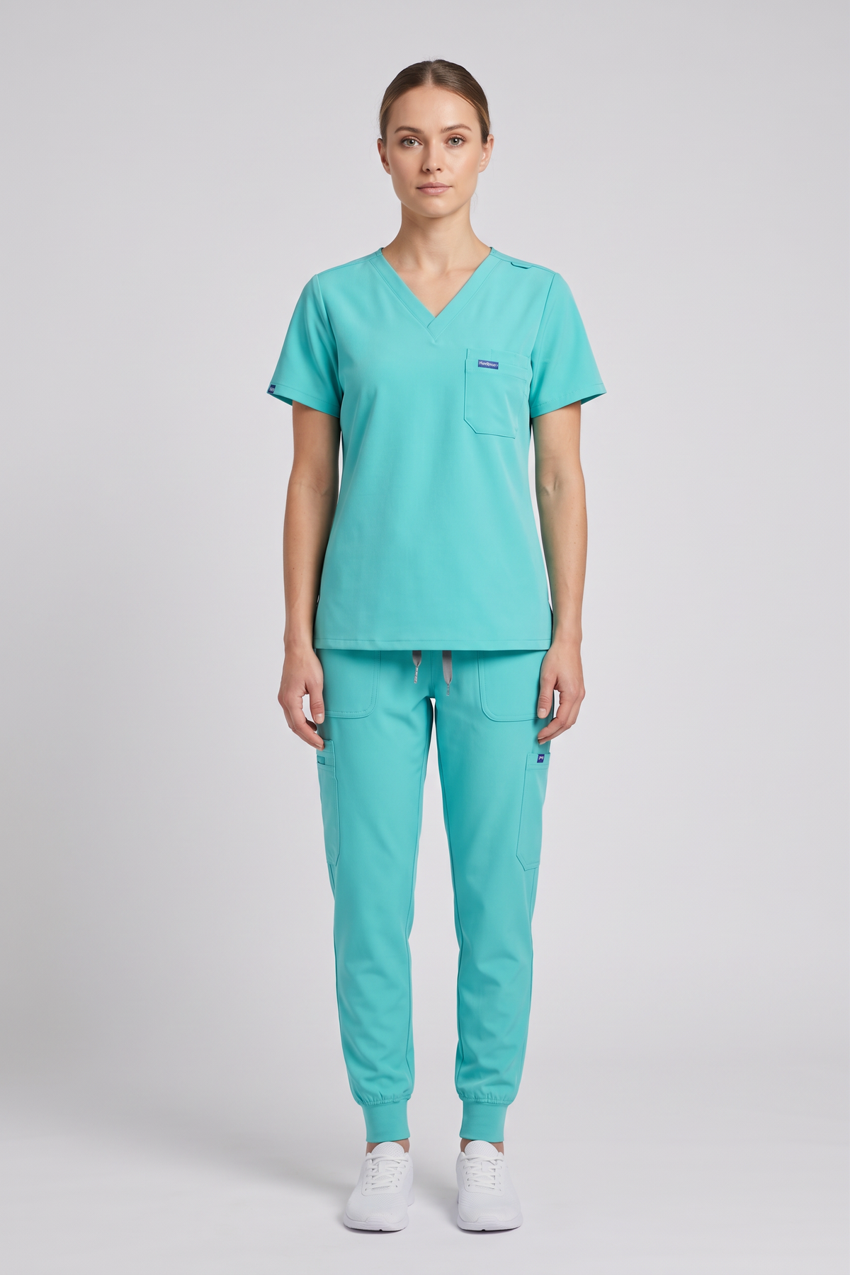Fun Scrub ScrubTech Luxe women's teal V-neck scrub top and jogger scrub pants front view